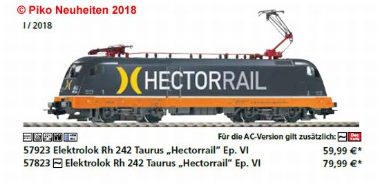 Ep PIKO 57823 E-Lok Rh242 Taurus 'Hectorrail' AC-Version VI Spur H0 